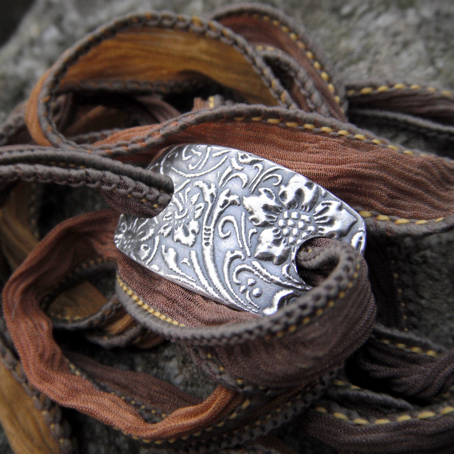Silk Ribbon Bracelet- Antique Flower- Silver & Silk Wrap Bracelet- Artisan Handcrafted with Recycled Silver and Hand Dyed Silk