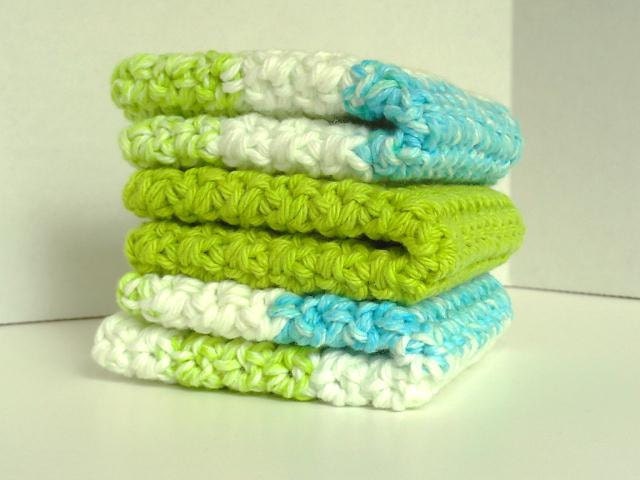 Crocheted Cotton Washcloths Dishcloths Set of 3 in Tropical Breeze Colors of Lime Green Aqua Blue & White