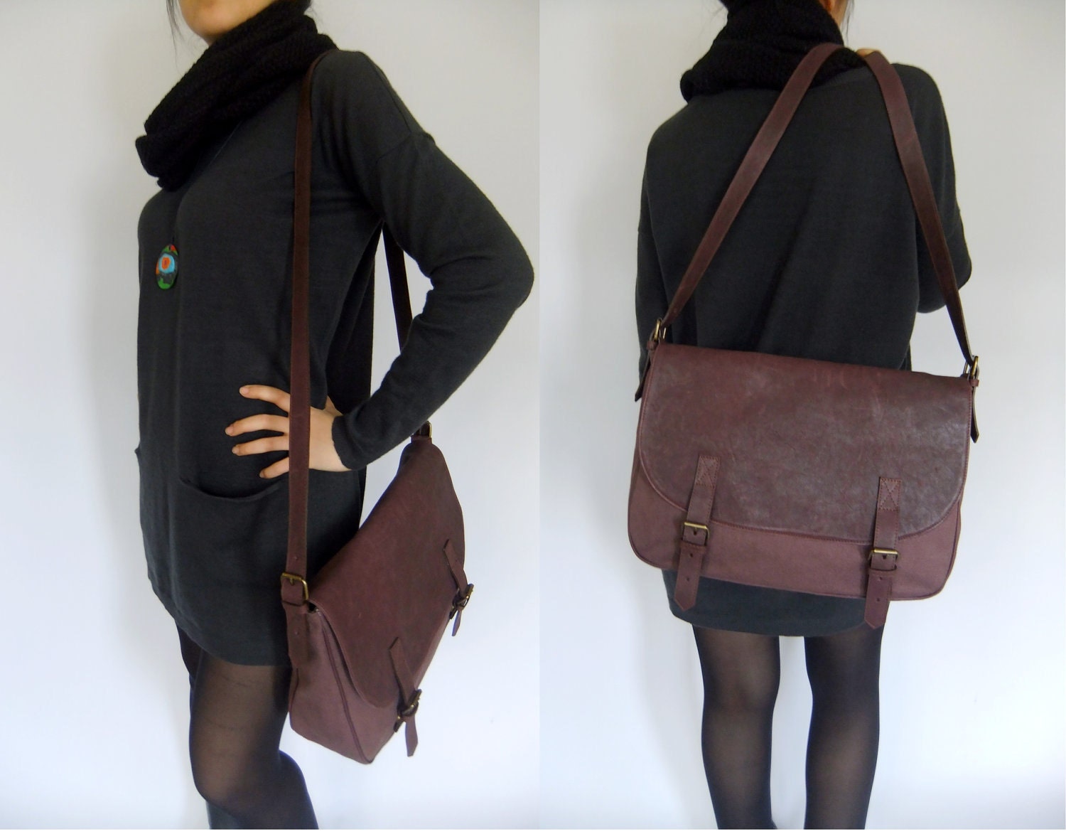 Messenger Bag leather and canvas handbag shoulder bag dark plum bag