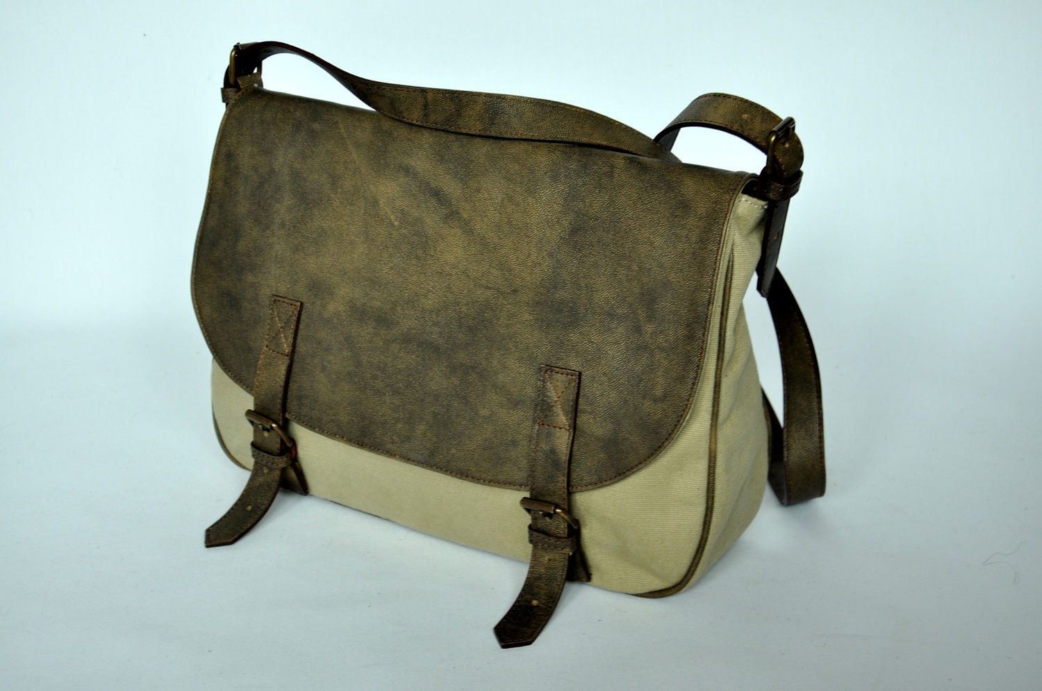 Messenger Bag leather and canvas handbag shoulder bag dark greenish bag