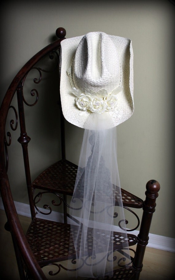 Ivory Cowgirl Hat Bridal Hat with Veil by MorganTheCreator on Etsy