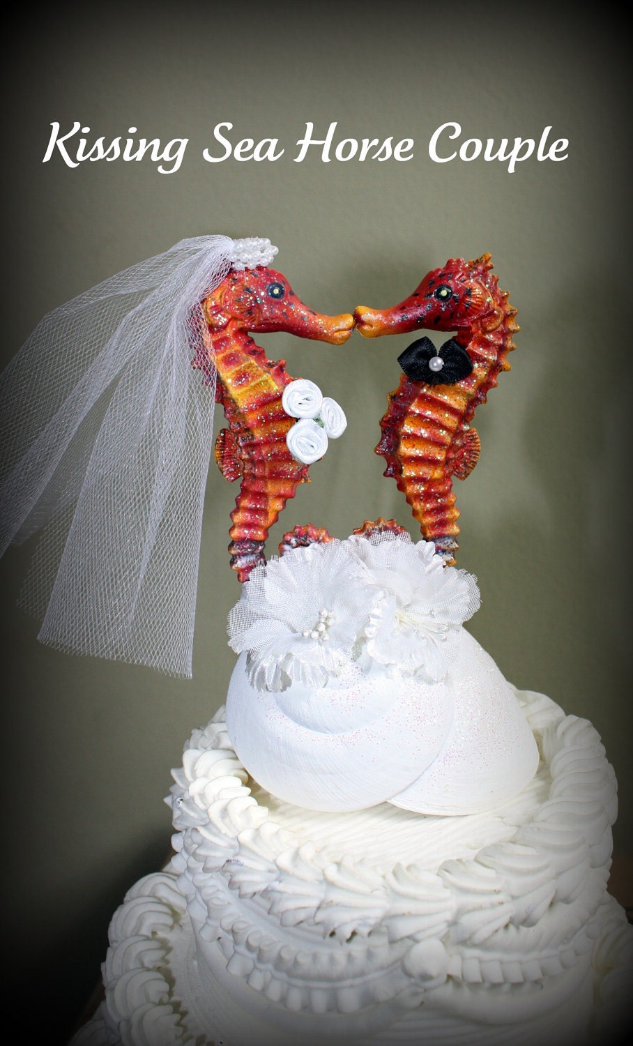 Sea Horse Wedding Cake Topper in burnt orange with hints of red-Beach Themed Wedding Cake Topper-Nautical Wedding Cake Topper