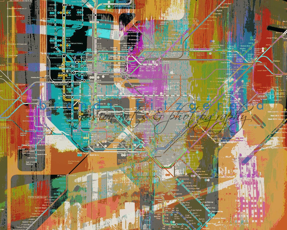 New York Stands for This.  8" x 10"  NYC Empire State Trade Center Subway Map Fusion Paintographic