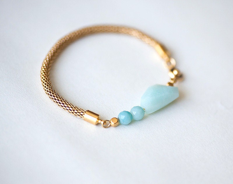 NEW Collection Amazonite Light Blue Beads on Gold Mesh Cord Bracelet by pardes israel
