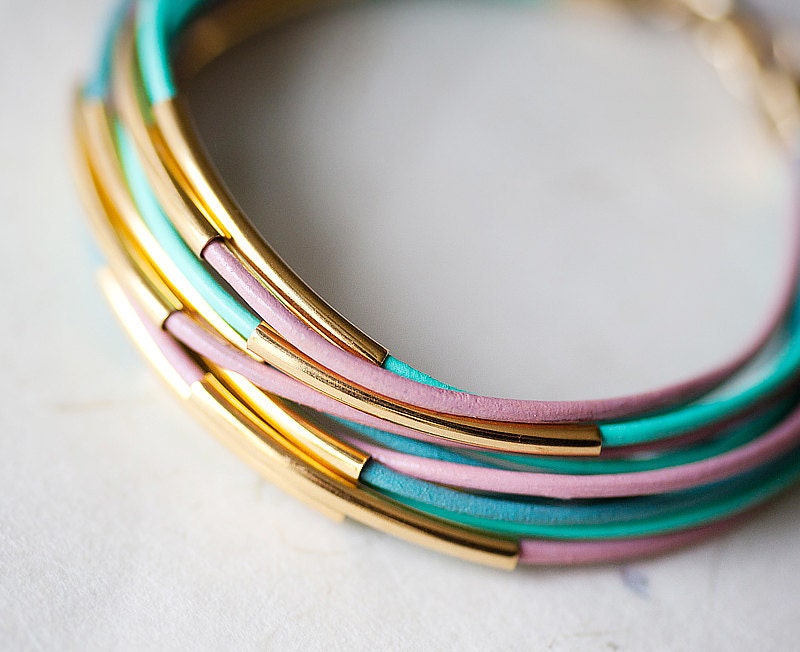 Pastel colors Leather Bracelet with 12 Golden tubes by pardes israel