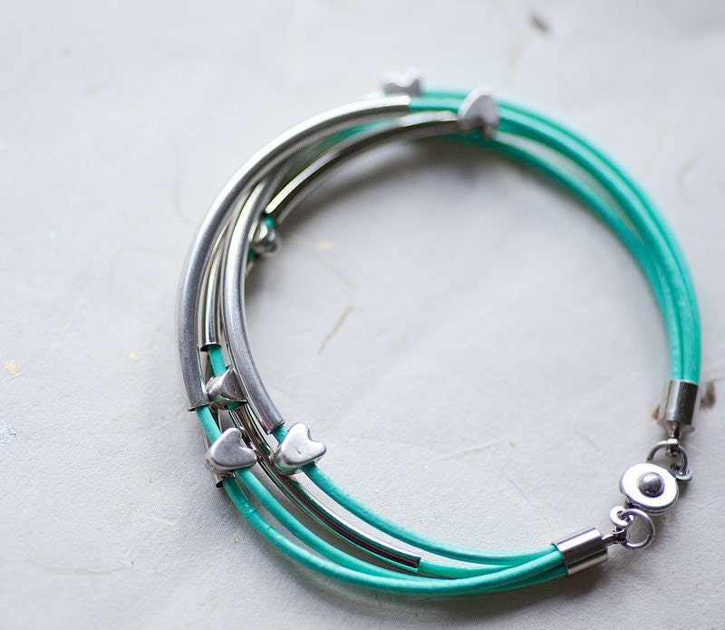Mint Green Leather Bracelet with Golden or Silver Small Hearts and Tubes by pardes israel