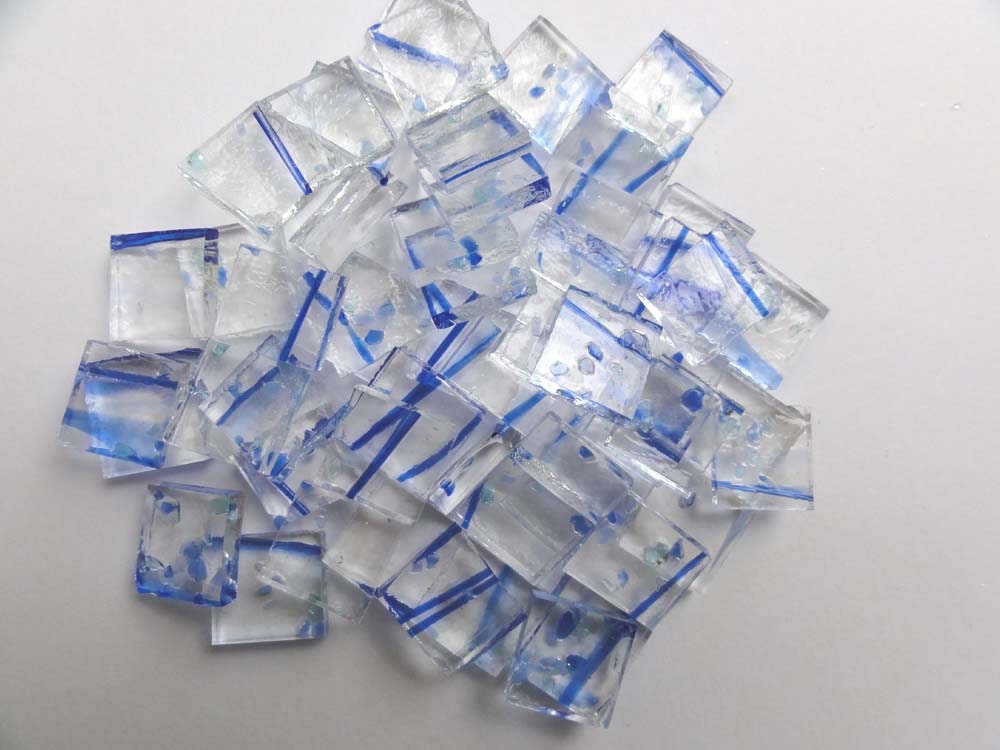 50 MARDI GRAS Glass - 1/2 inch Handcut Stained Glass Mosaic Tiles Crystal Clear /Cobalt Blue