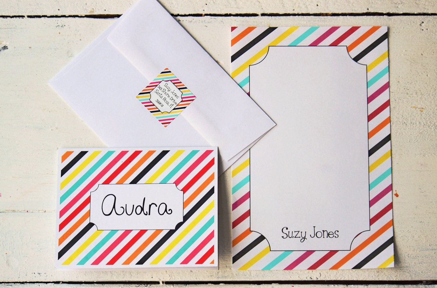 Personalized Stationery Set Custom Stationary Return Address Labels Stickers Teacher Gift Colorful Stripes Custom Notepad Desk Set