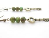 Skeleton Key Earrings With Olive Green Czech Glass Beads