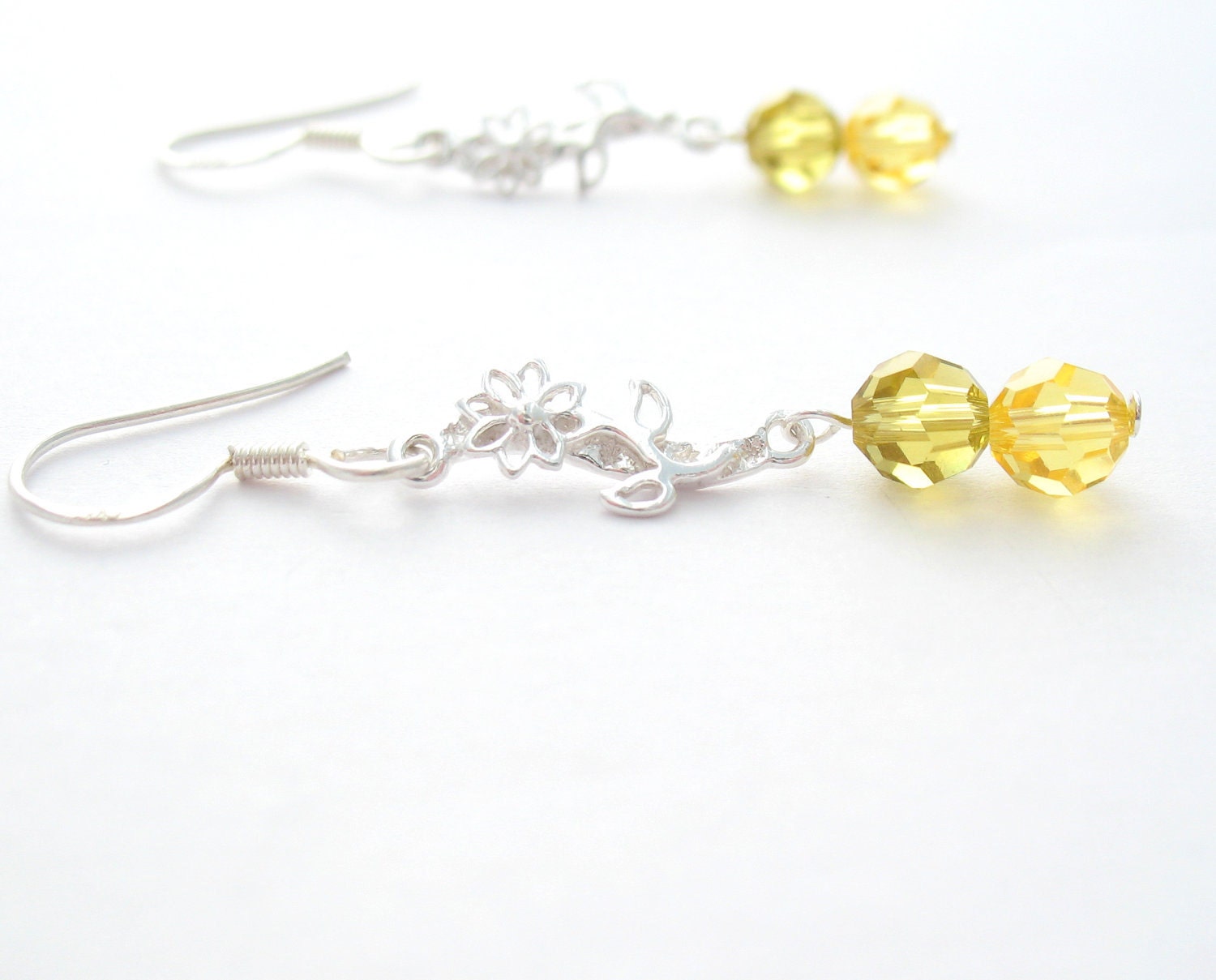 Sterling Silver Flower Earrings, Yellow Swarovski Crystallized Elements Beads