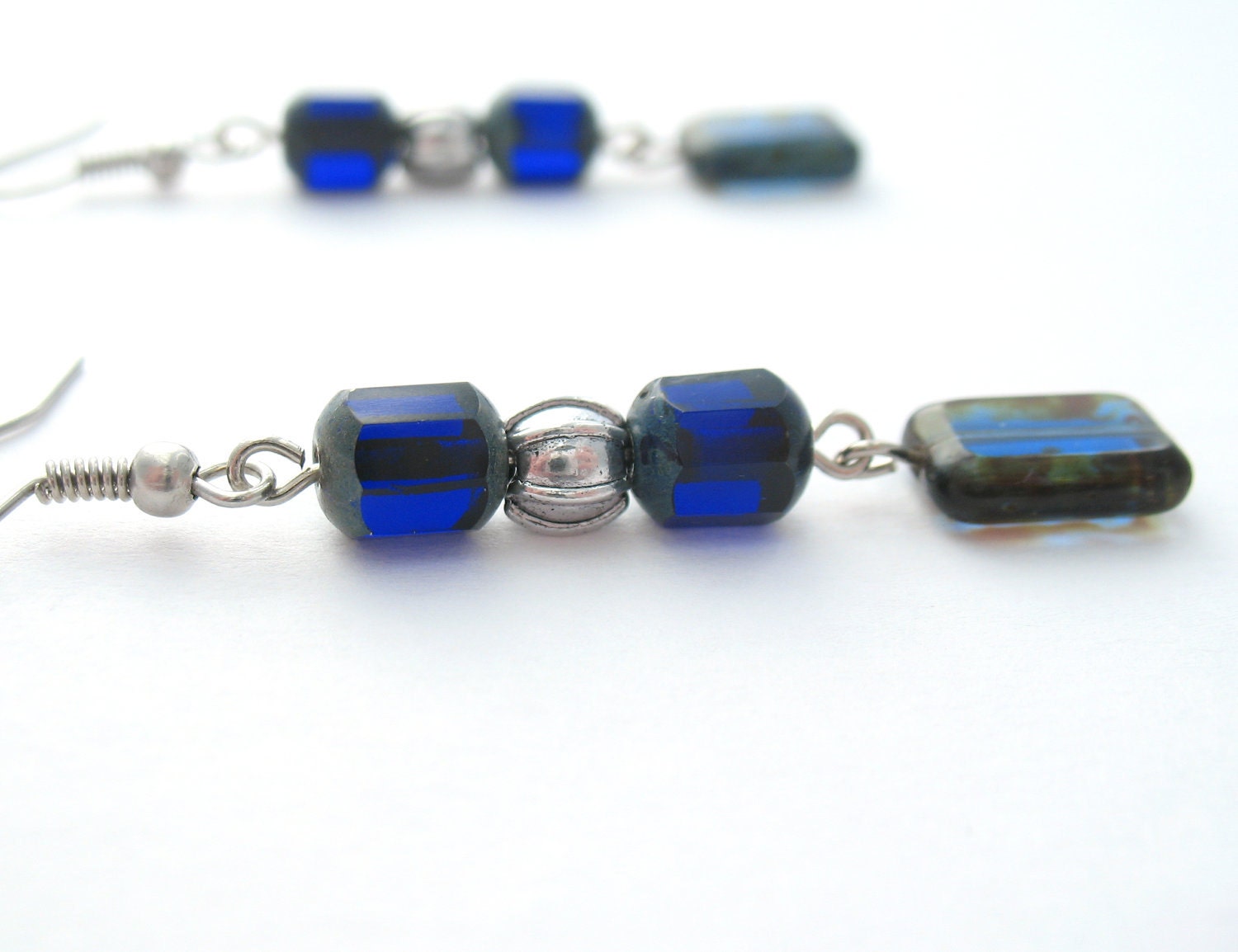Dark Blue Czech Glass Dangle Earrings - Geometric Jewelry - MoonlightShimmer