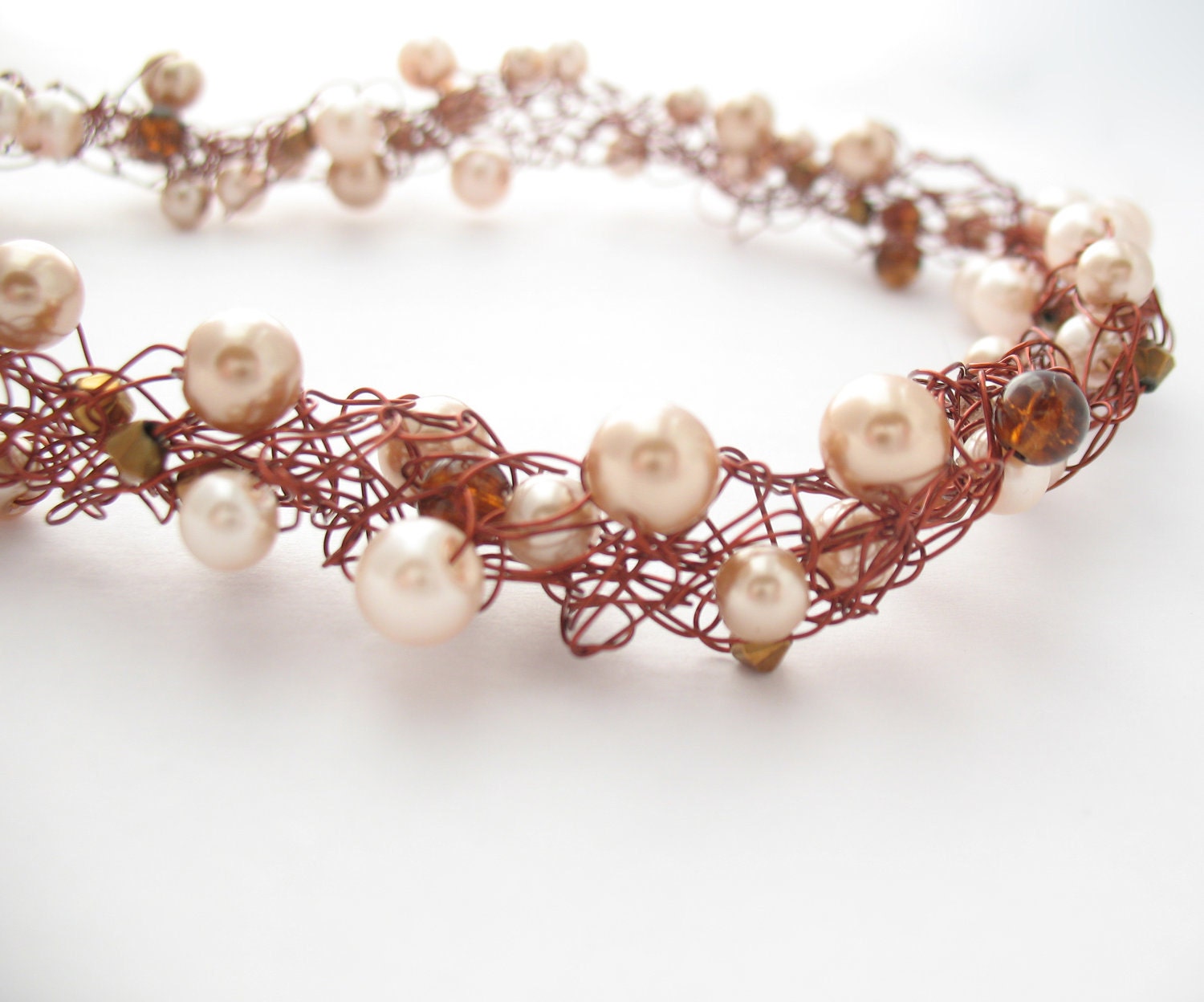 Crochet Wire Necklace, Beige & Brown