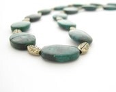 Stone Necklace, Green Marble Beads & Metal Leaf Accents