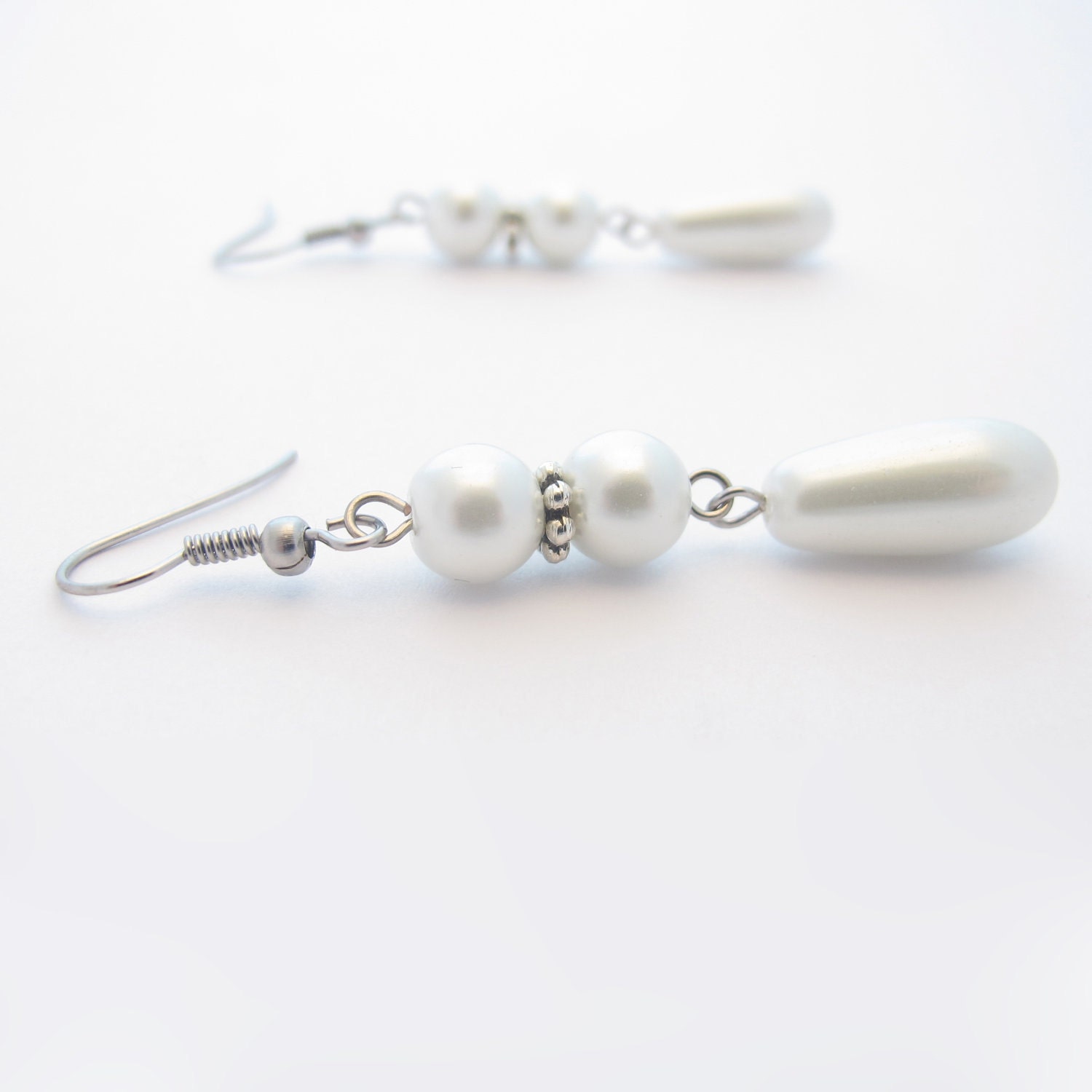 Long Teardrop Dangle Earrings - White Fake Pearls - MoonlightShimmer