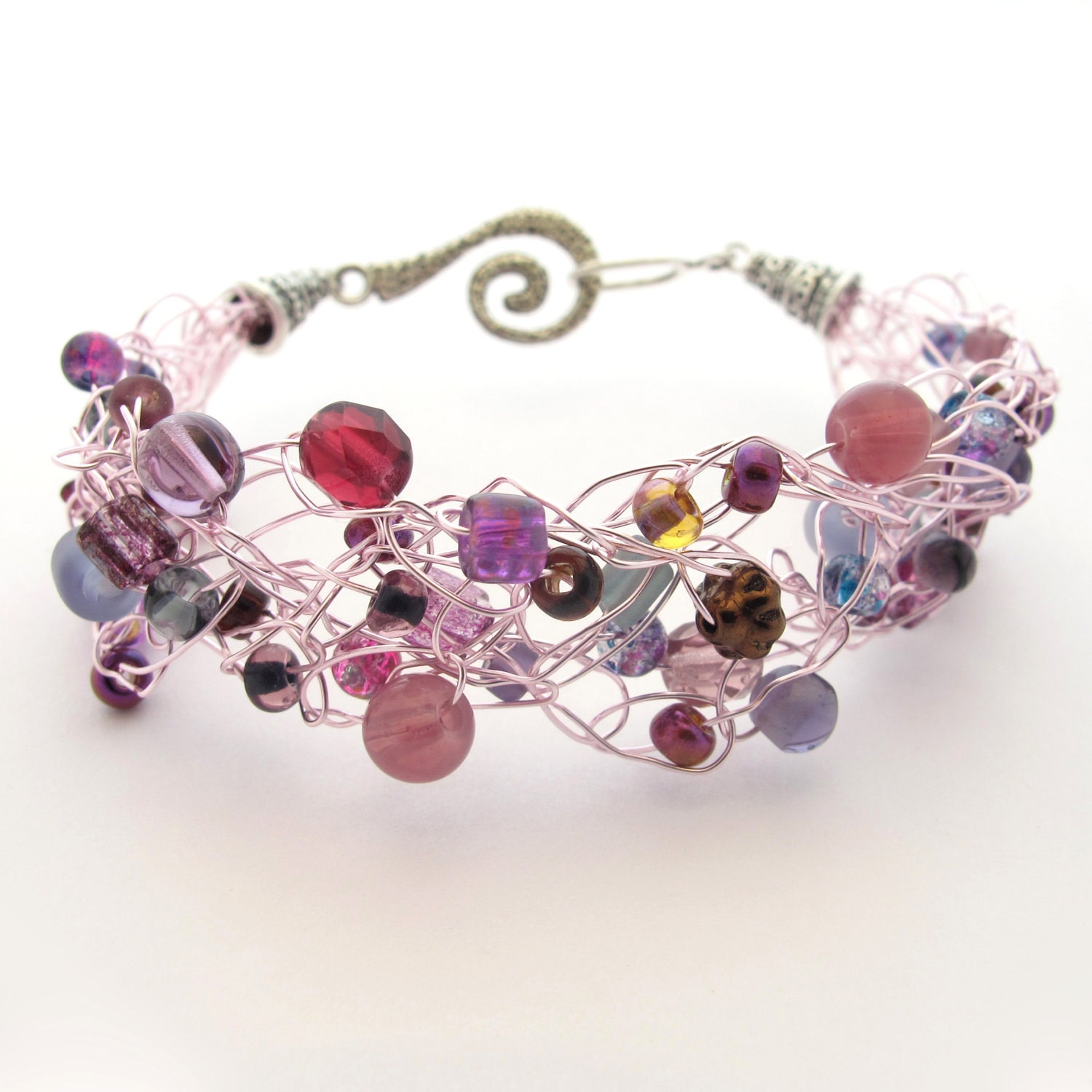 Crochet Wire Beaded Bracelet, Purple & Pastel Pink