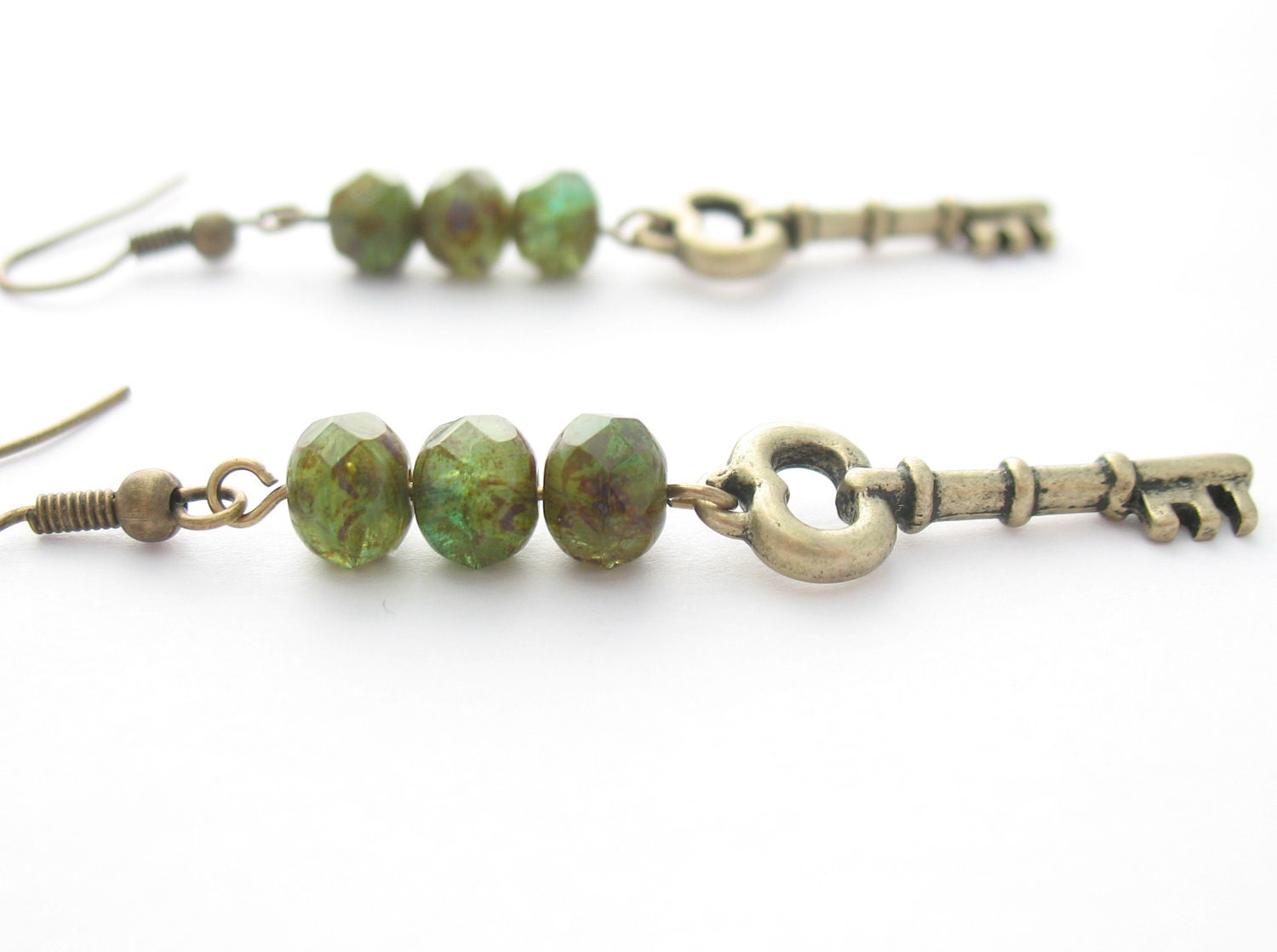 Skeleton Key Earrings With Olive Green Czech Glass Beads