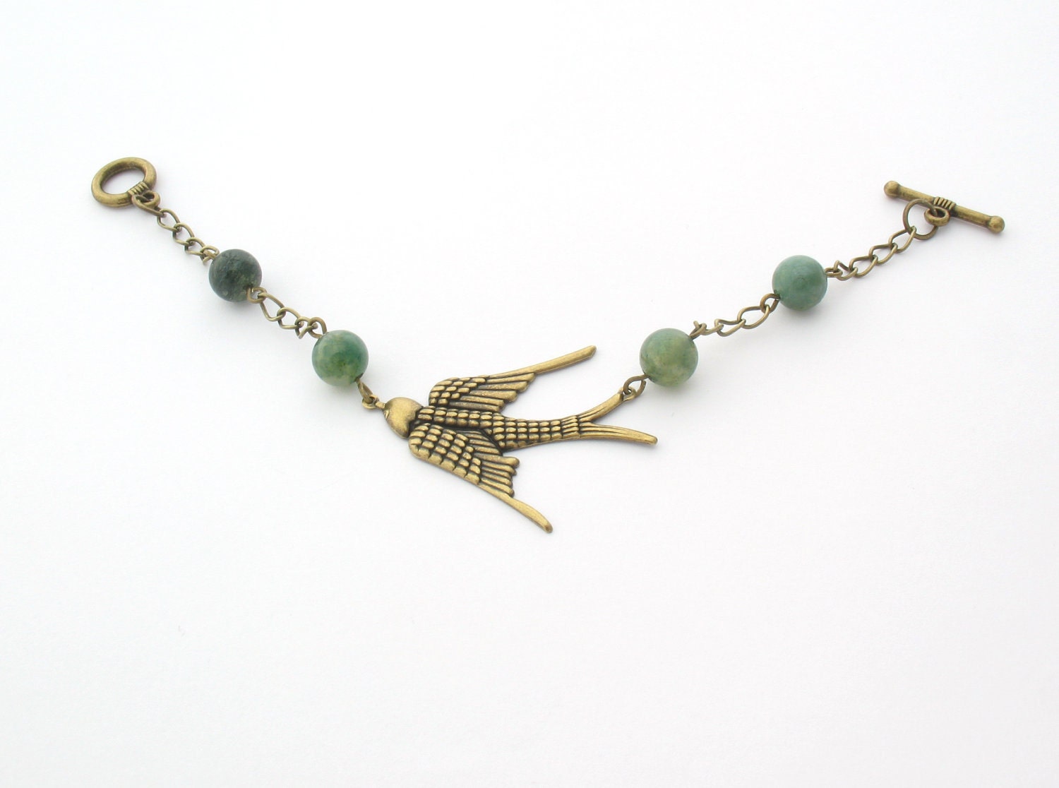 Bird Fashion Bracelet, Brass Chain & Moss Agate, Nature Inspired Jewelry