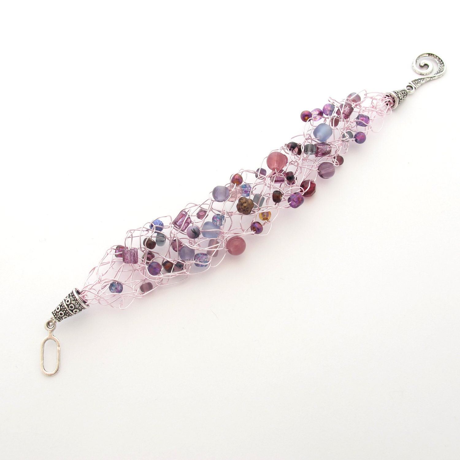 Crochet Wire Beaded Bracelet, Purple & Pastel Pink