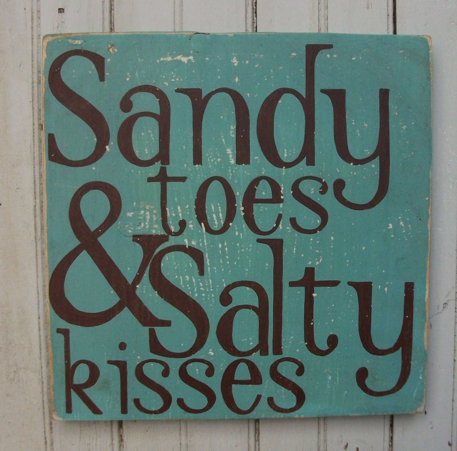 Sandy Toes & Salty Kisses Distressed Wooden Handpainted Square Sign Art