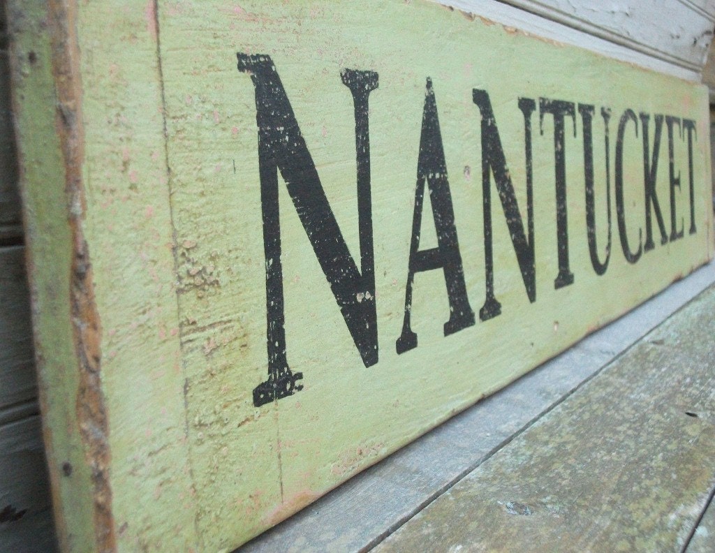 NANTUCKET Handpainted Rustic Wooden Beach Sign Large 38x7 Preppy Pink and Green