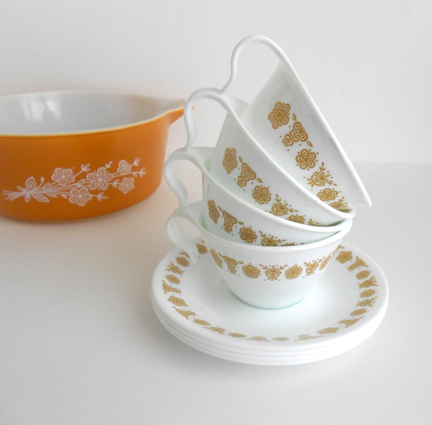 Corelle Butterfly Gold Hanging Mugs Cups Saucers Set 4