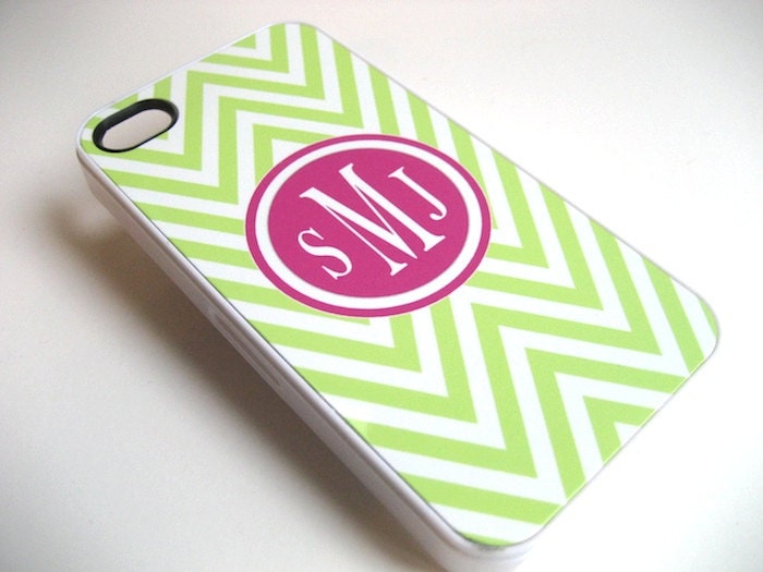 Lime Green and White Chevron iPhone 4 Case with Hot Pink Monogram  - iPhone 4 4S Cover- Green and Hot Pink -Hard WHITE Plastic Case