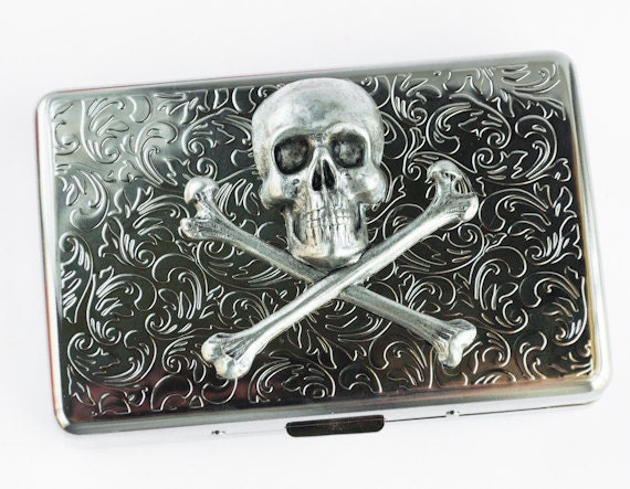 Metal Cigarette Case Brass Skull Steampunk Victorian Rustic Antiqued Vintage Style Slim Metal Wallet Oversized Card Holder