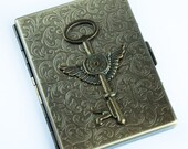 Metal Cigarette Case Skeleton Key Vintage Style Gothic Victorian Steampunk Antiqued Brass  Metal Slim Large Size