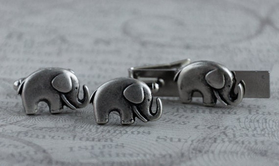 Elephant Cufflinks & Tie Clip Set Men's Cufflinks Elephant Vintage Style Silver Plated Republican Father's Day Safari Animals Accessories