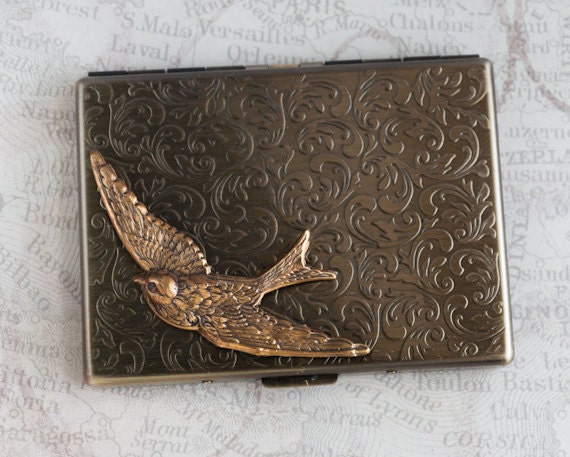 Bird Metal Cigarette Case Vintage Style Gothic Victorian Steampunk Antiqued Brass Metal Wallet Sparrow Swallow Slim Large Size