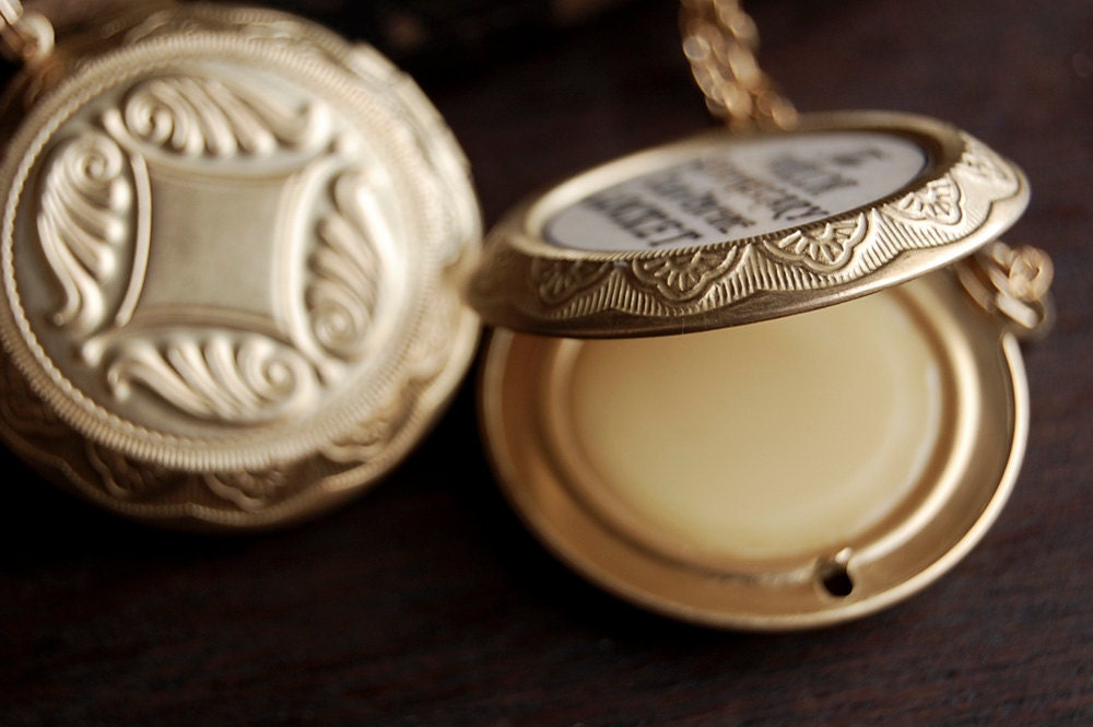 Lip Balm Locket Necklace  - Victorian Gold Brass - Choose Your Flavor - Mint Strawberry Buttercream Honey