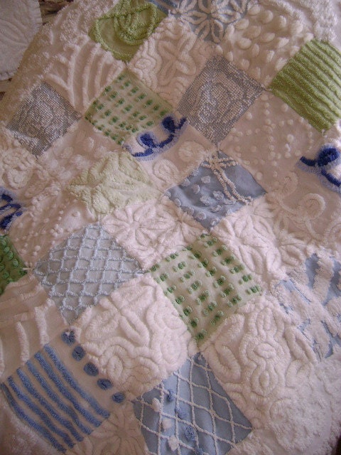 SUMMER BREEZE - Vintage Chenille 'SAMPLE' Quilt - Baby, Crib or Throw - Plush Whites, Light Blues and Soft Green