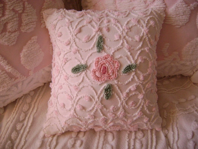 Vintage Chenille "Cabbage Rose' Accent Pillow - 12" Decorator Insert Included - Cottage Chic Decor