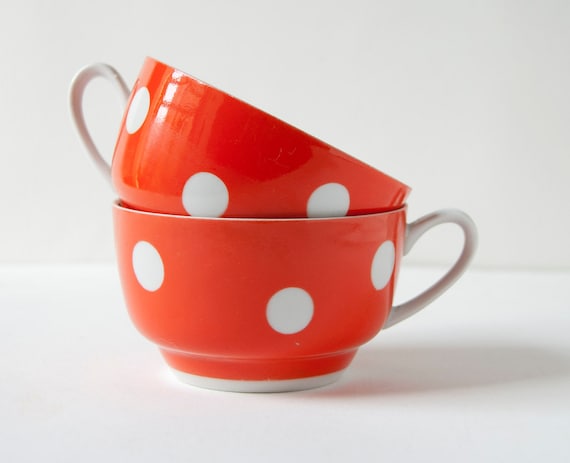 Vintage polka dot cups, red and white, Soviet Era