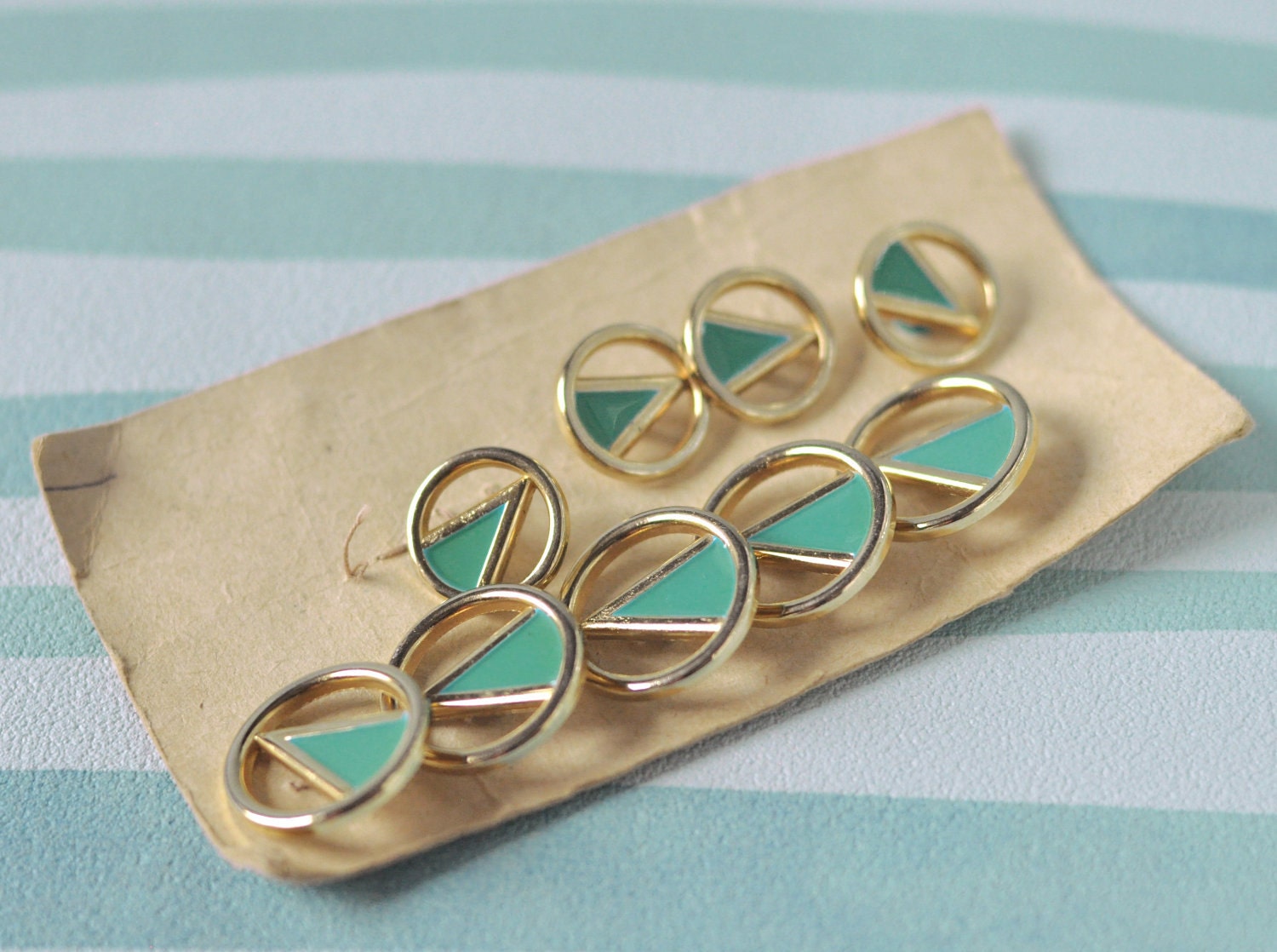Vintage enamel metal buttons, green, gold, Soviet Era