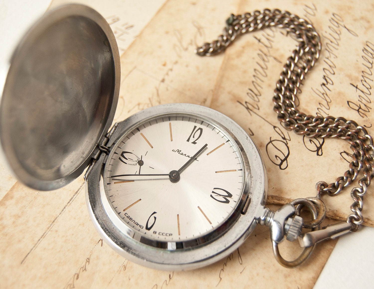 Mens pocket watch Molnija, vintage pocket watch from Russia, silver tone bird