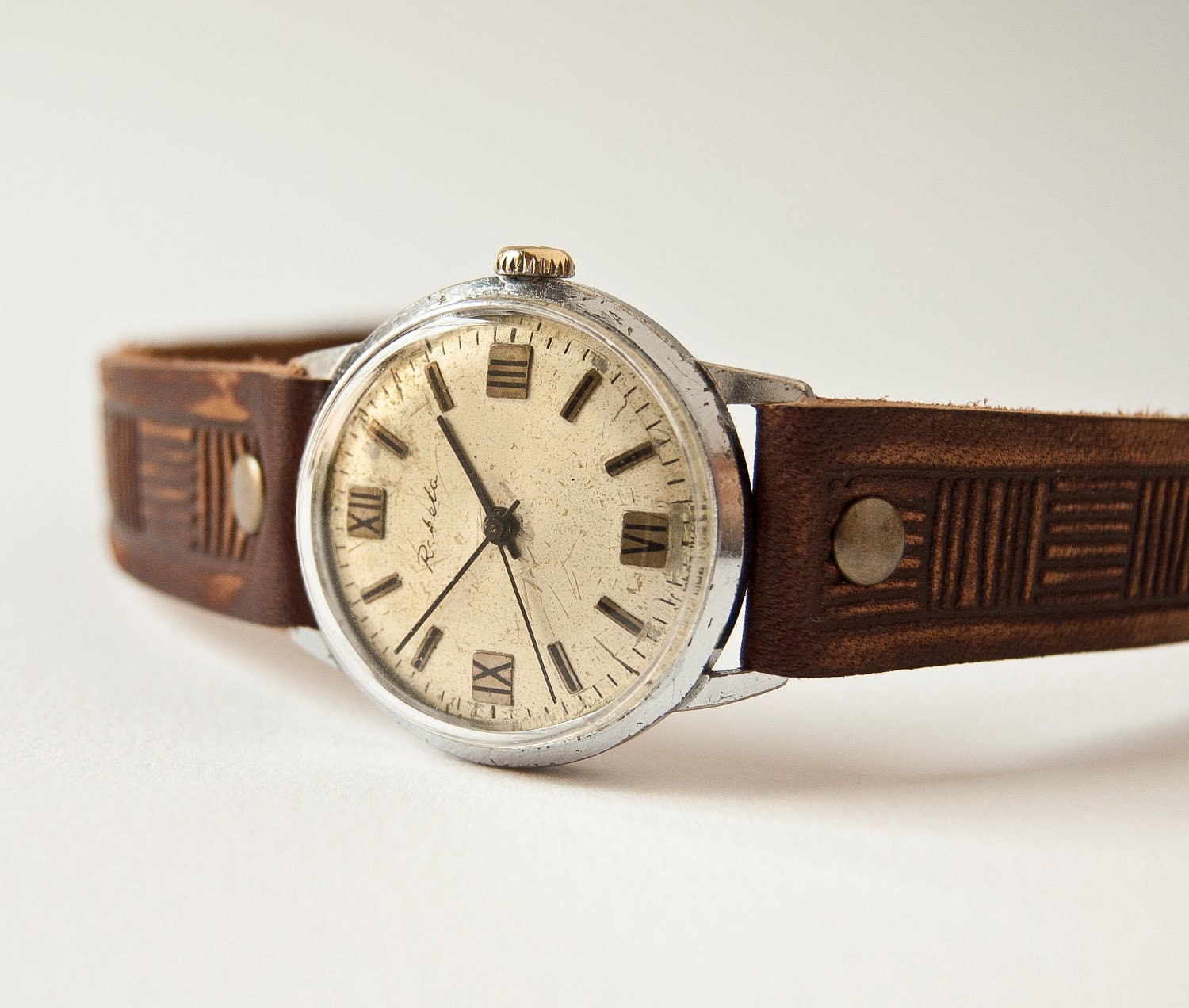 Vintage mechanical watch, mens wrist watch Raketa, brown tones, Soviet Era