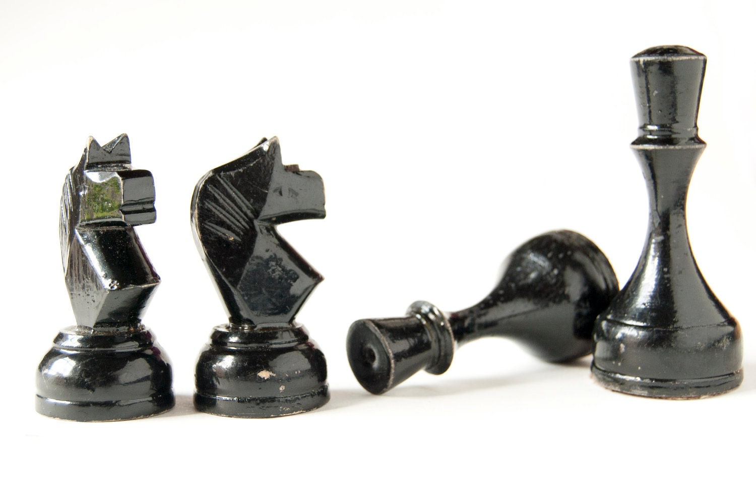 Vintage wood chess pieces, black chess, Soviet time
