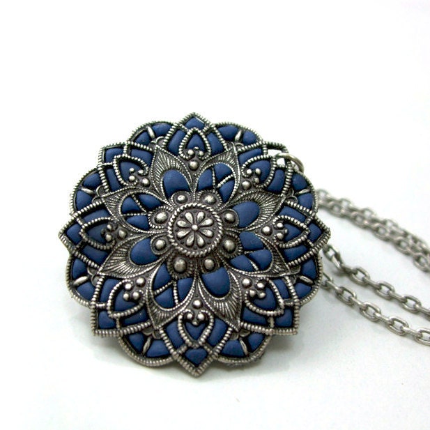 Navy blue necklace silver handmade mandala  flower pendant old style medallion unique bohemian jewelry store