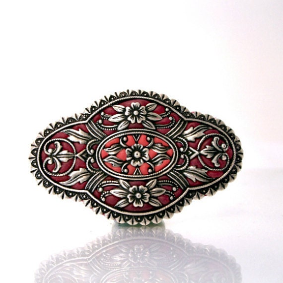 Art deco  brooch pin silver red handmade unique jewelry custom color enamel work
