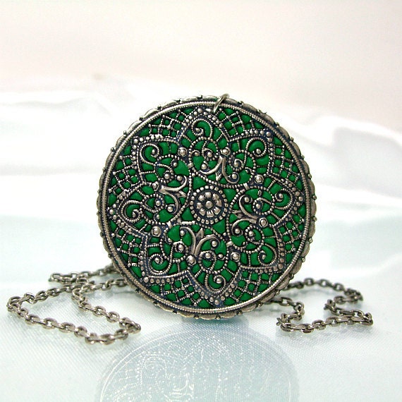 Silver medallion green necklace filigree jewelry old style jewelry custom color medieval jewelry stores handmade pendants