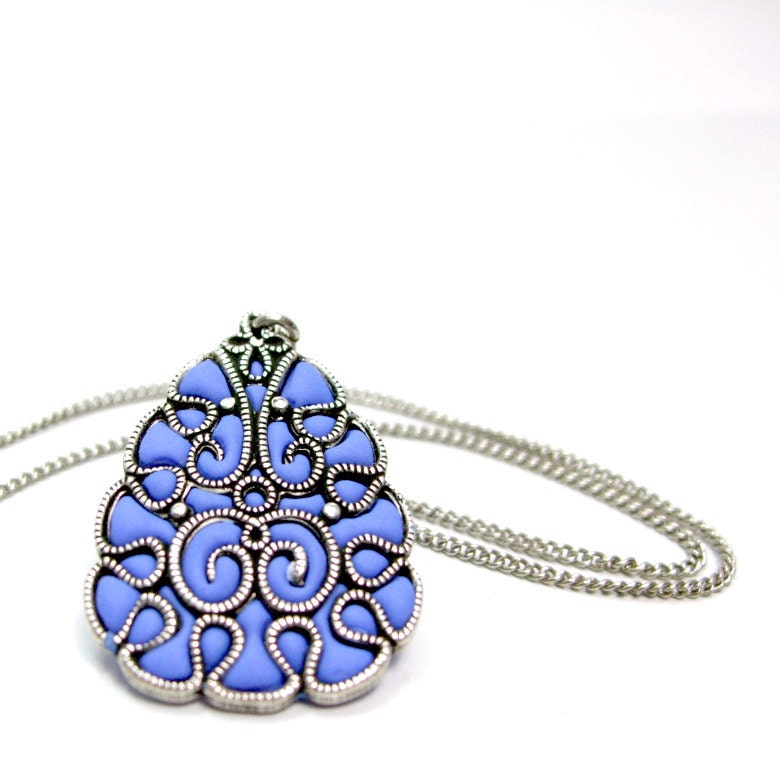 Lilac Blue Silver necklace retro pendant  pear filigree jewelry old style