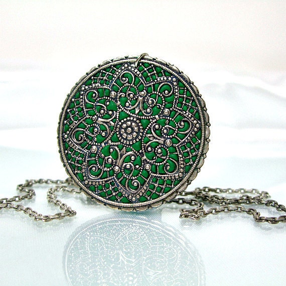 Silver medallion green necklace filigree jewelry old style jewelry custom color medieval jewelry stores handmade pendants