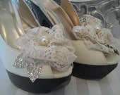 Shoe clips- fascinators- A Pair of Vintage Lace Flowers in Ivory with Pearl centers and Gold Glitter Leaves