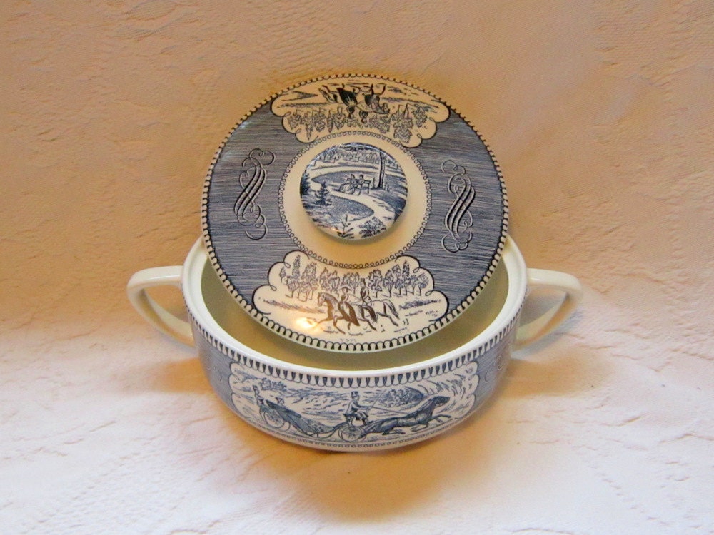Vintage Covered Dish Serving Holiday Casserole Vegetable Transferware  Blue White  Currier Ives Traditional Victorian Edwardian