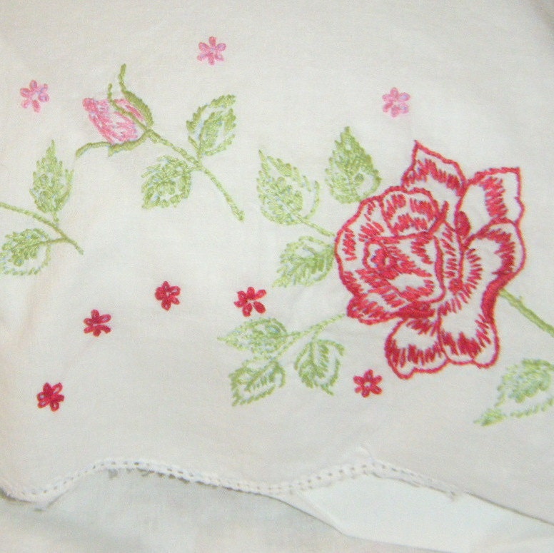 Vintage Embroidered Rose Pink Green Motif Pillow Cases pair  White Cotton Handmade  Floral Gift for Her Cottage Shabby chic