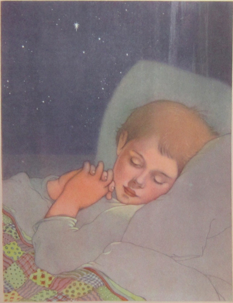 1940  Illustration Print Boy Sleeping Dreams Bed Sweet Dreams Angel Mid Century Print Majorie Torrey Sing in Praise