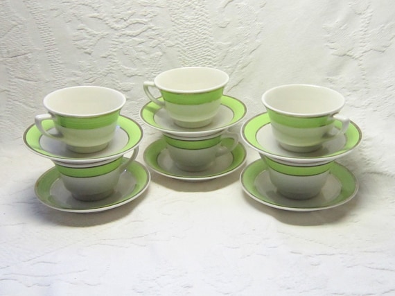 Vintage Swirled Lime Green Chrome Syracuse China Teacups and Saucers Gift for Him Her Mid Century Modern Tea Party