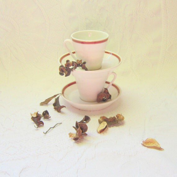 Vintage Pair Espresso Demitasse Cup Coffee Tea Maroon Gold Old World Charm Relaxed Weekends Gift for Him Her