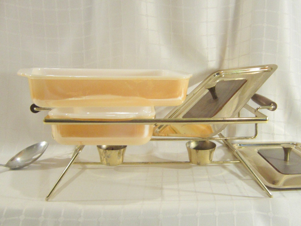 Mid Century Peach Luster Coco FireKing Chafing Dish Casserole Lid Bake Ware Housewares Cooking Party Pool Dinner Serving